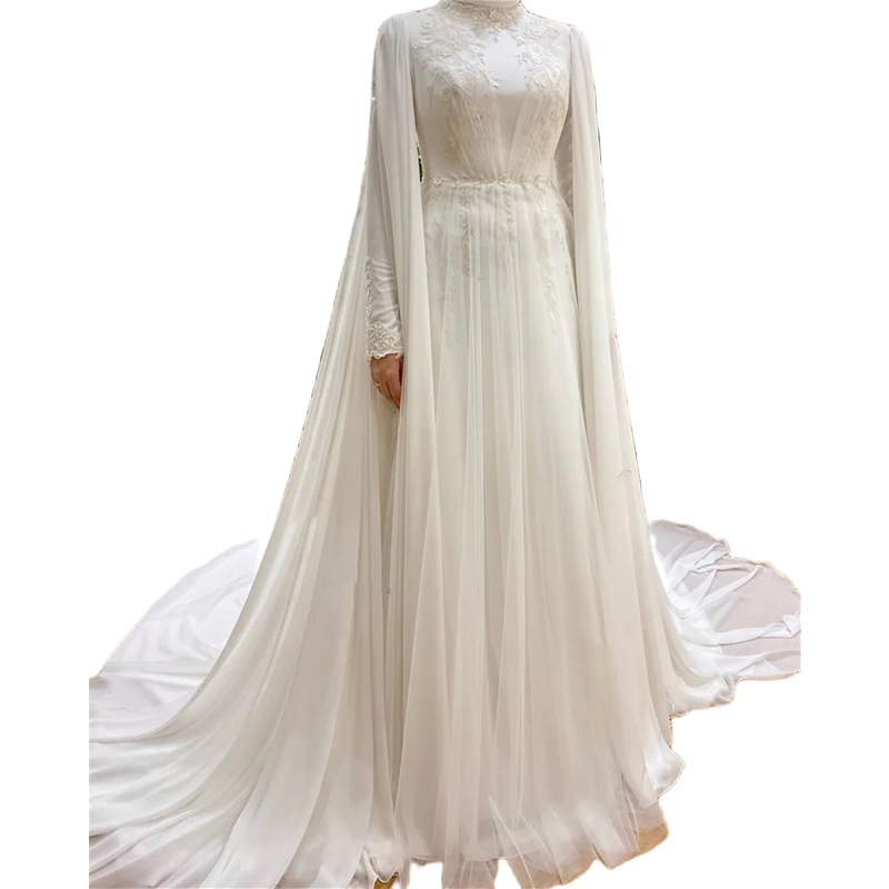 Muslim Elegant A Line Wedding Dresses for Bride High Neck Chiffon Abaya Robe Long Sleeves Hijab Islamic Bridal Gown with Cape baya