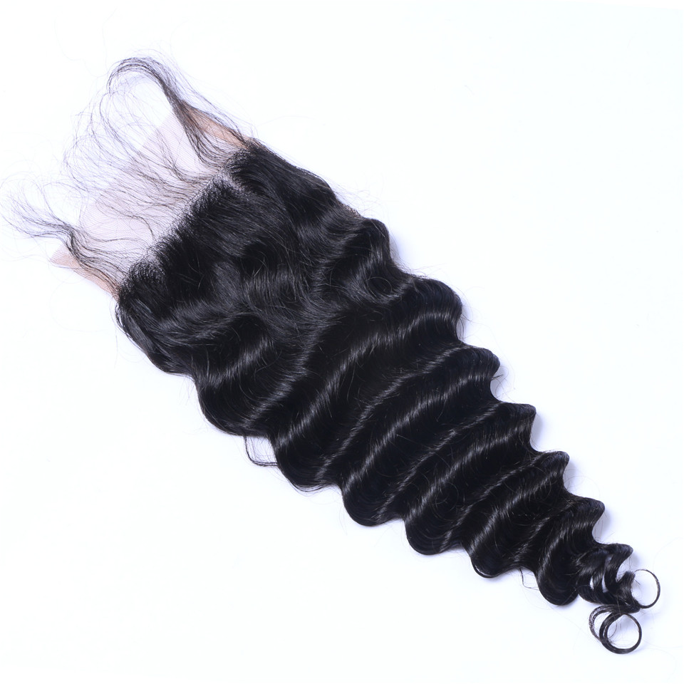 Deep Wave 4x4 Lace Closure Brazilian Virgin Human Hair Transparent Swiss Lace Free Part Pre Plucked with Baby Hair Natural Black