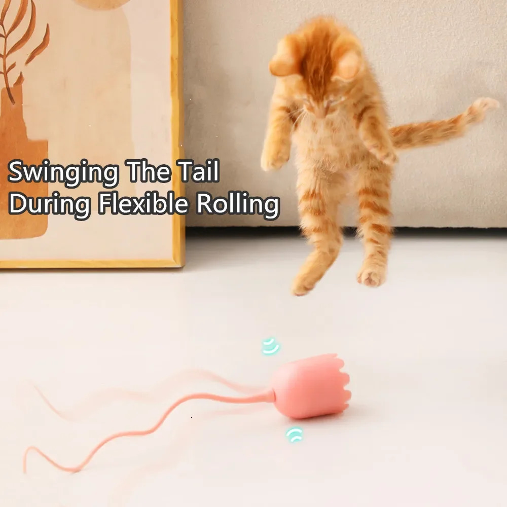 Cat Toys Interactive USB Electric Intelligent Rolling Ball Toy Cats Pet Silicone Automatic Rotate Mouse Tail Kitten Teaser Stick 231213