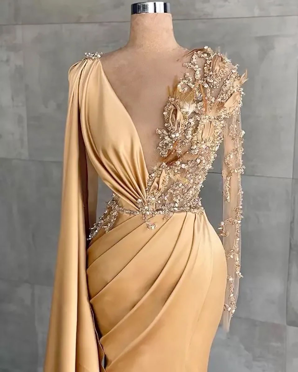 Evening Dresses Champagne Prom Gown Party V-Neck Mermaid Trumpet Applique Beaded Elastic Satin Zipper Lace Up Plus Size New Custom Long Sleeve Sequins