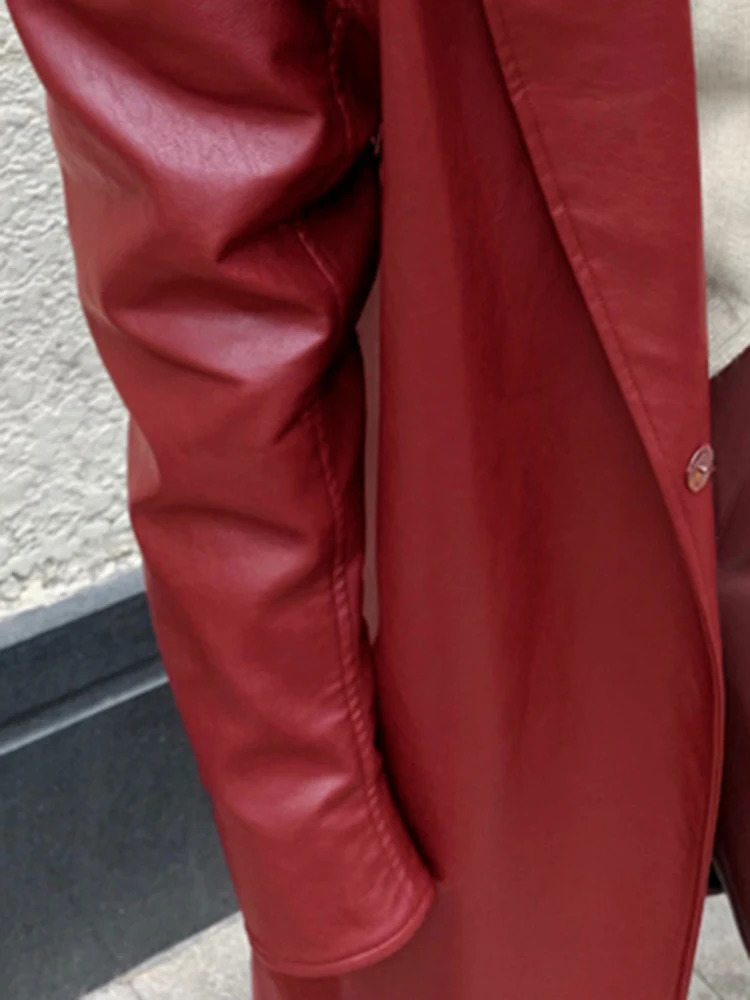 Women's Trench Coats Lautaro Autumn Long Oversized Wine Red Leather Trench Coat for Women Long Sleeve Lapel Loose Casual Stylish Korean Fashion 2
