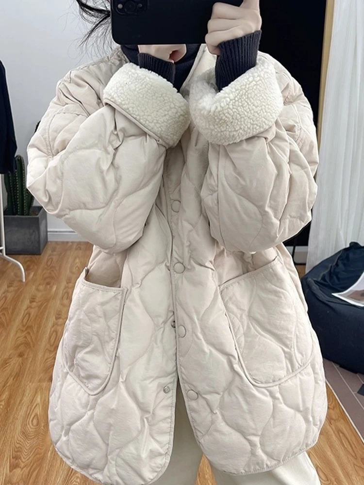 Women's Down Parkas Lambwool Down Coats Women Autumn Winter Thicken Warm Cotton Padded Jackets Korean Fashion Casual Loose Single Breasted Outerw