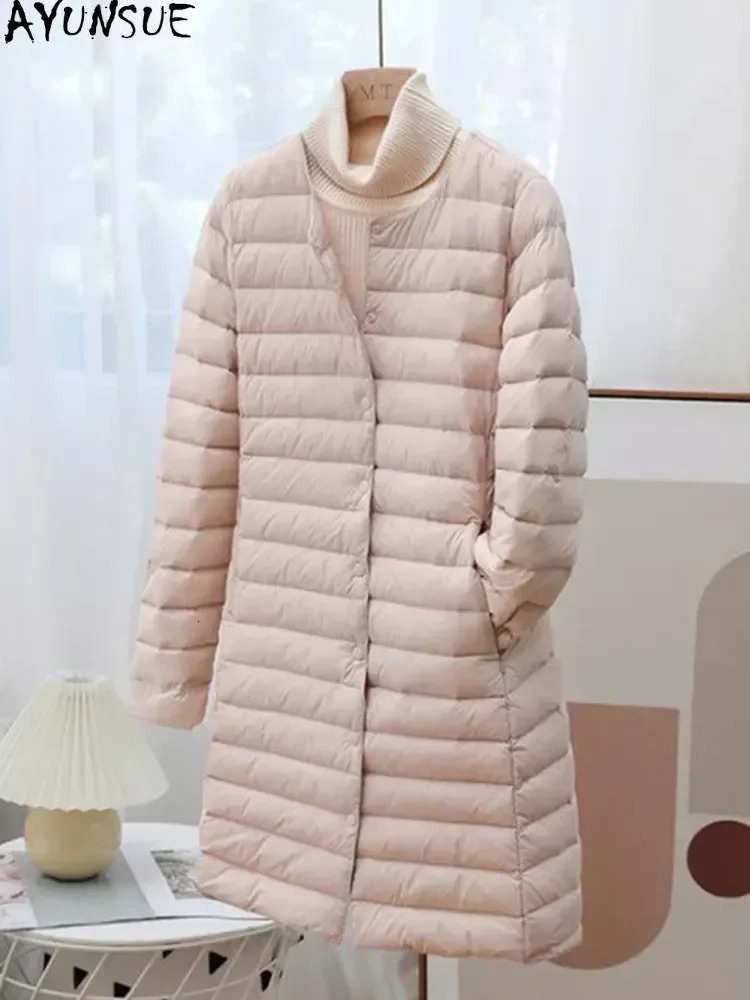 Women's Down Parkas AYUNSUE Winter Ultra Light Thin Duck Down Coat Women Spring Long Slim Warm Basic Quilted Puffer Jacket ED1957L 231213