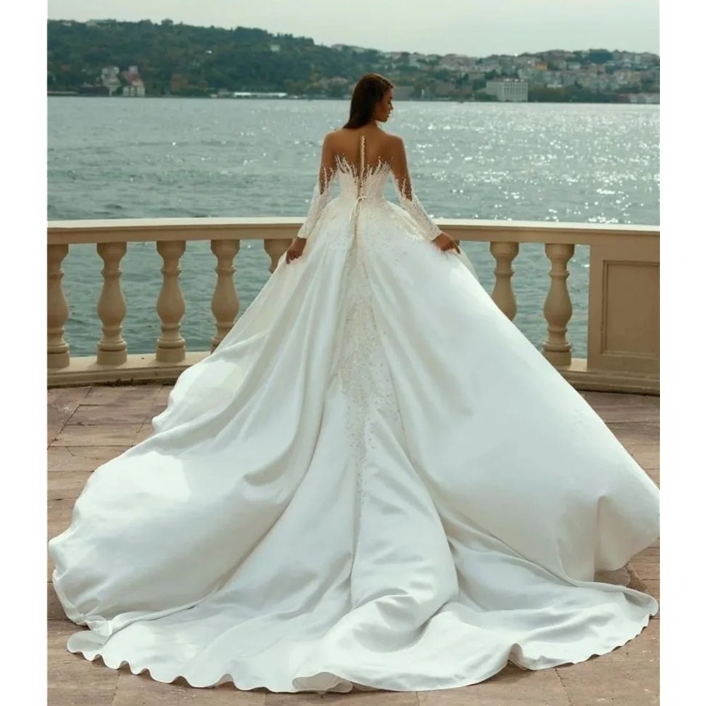 Arabic Dubai Pearls Wedding Dresses Mermaid Sheer Beading Bridal Gowns Custom Made Split Detachable Train Vestidos De Noiva YD 328
