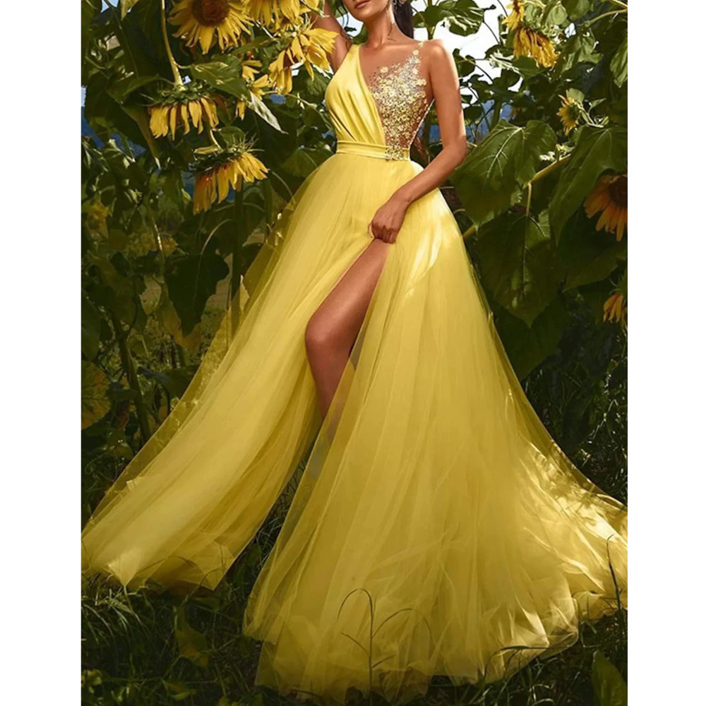 Sexy Daffodil A-e Prom Dress Sleeveless V Neck wers Tulle Evening Formal Engagement Gowns Arabic Dubai Robe De Soiree YD