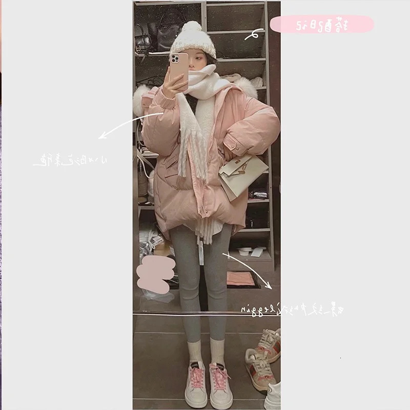 Women's Down Parkas White Down Jacket Women Coat Hooded Fashion American Streetwear Y2K Style Duck Down Feather Female Winter Pink Short Outwear 
