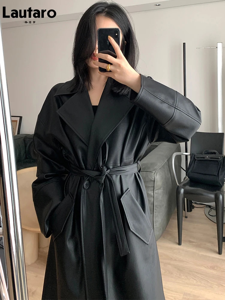 Women's Trench Coats Lautaro Spring Autumn Long Oversized Black Leather Trench Coat for Women Sashes Single Button Loose Stylish Korean Fashion 2