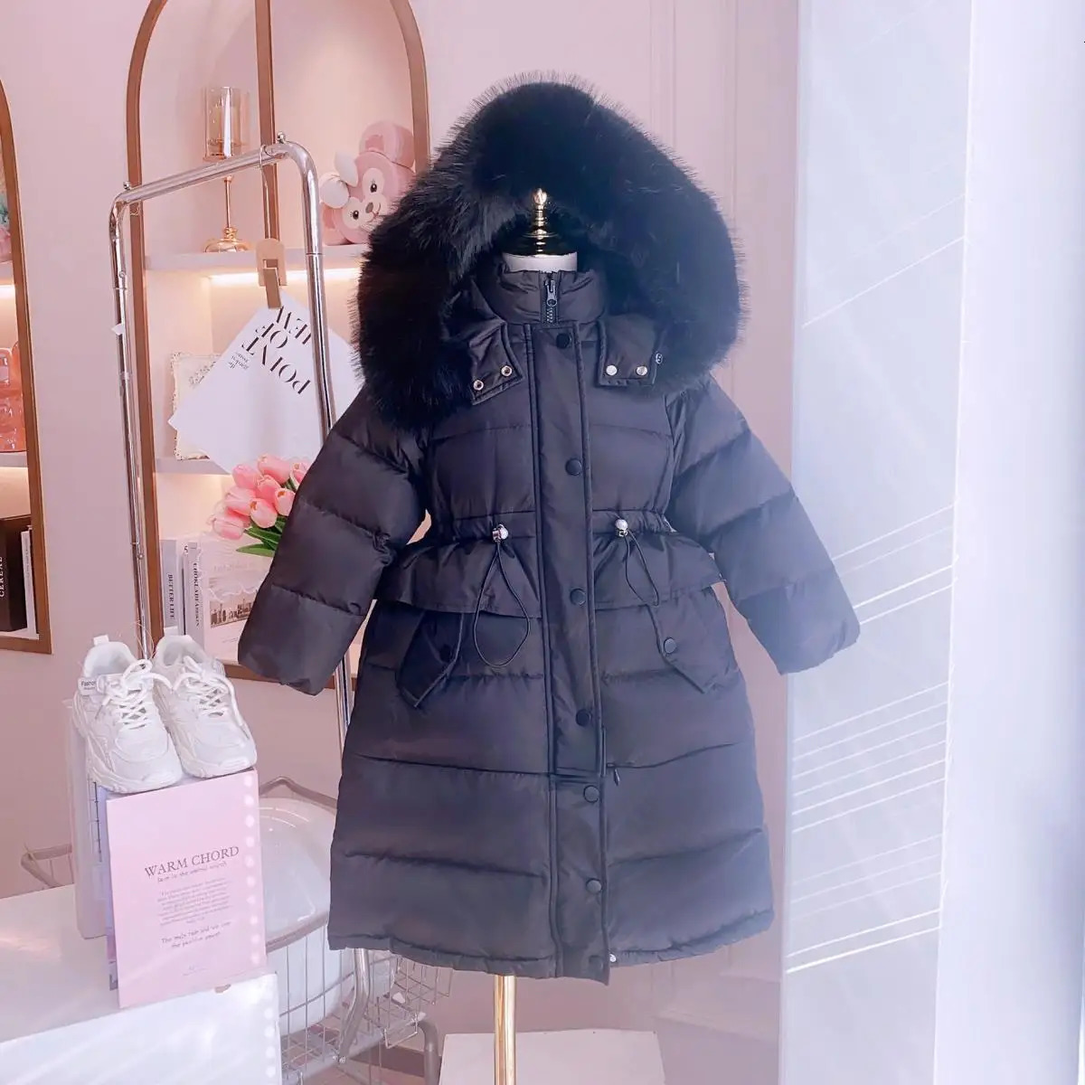Down Coat Winter Girls Down Clothes Fashion Long Fur Hooded Cotton Padded Jacket Kids Warm Slim Waist Children Outerwear XMP390 231214