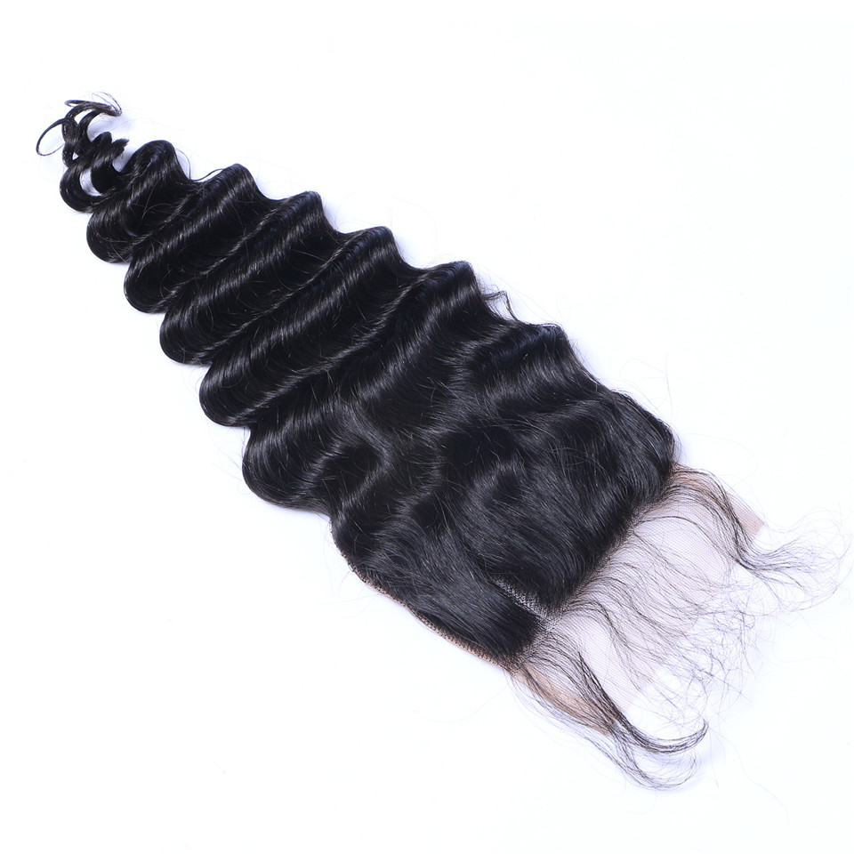 Deep Wave 4x4 Lace Closure Brazilian Virgin Human Hair Transparent Swiss Lace Free Part Pre Plucked with Baby Hair Natural Black