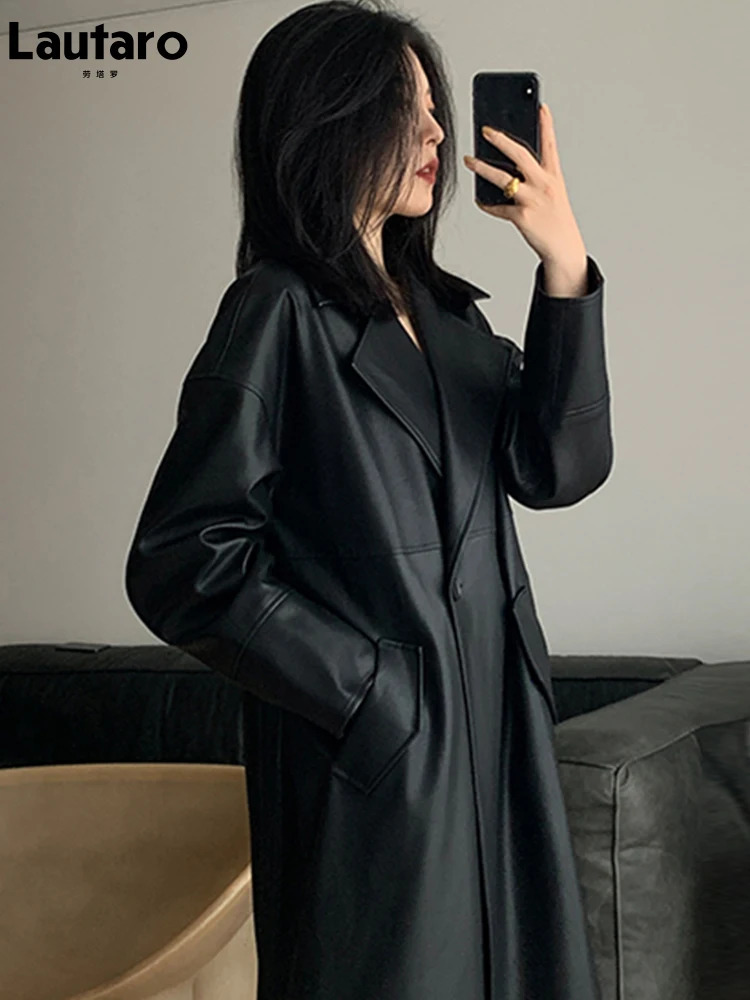 Women's Trench Coats Lautaro Spring Autumn Long Oversized Black Leather Trench Coat for Women Sashes Single Button Loose Stylish Korean Fashion 2