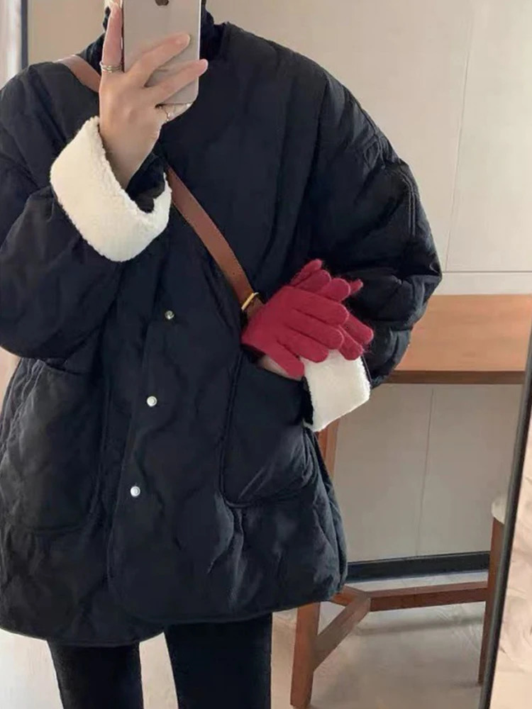 Women's Down Parkas Lambwool Down Coats Women Autumn Winter Thicken Warm Cotton Padded Jackets Korean Fashion Casual Loose Single Breasted Outerw