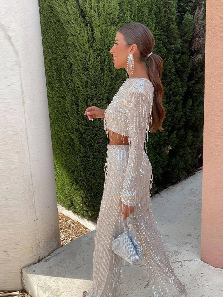 Women's Pants s Tassel Sequin Women 2 Piece Set Autumn Silver Bright Silk O neck Crop Tops Wide Leg Female Suit Fashion Street Lady Sets 231213
