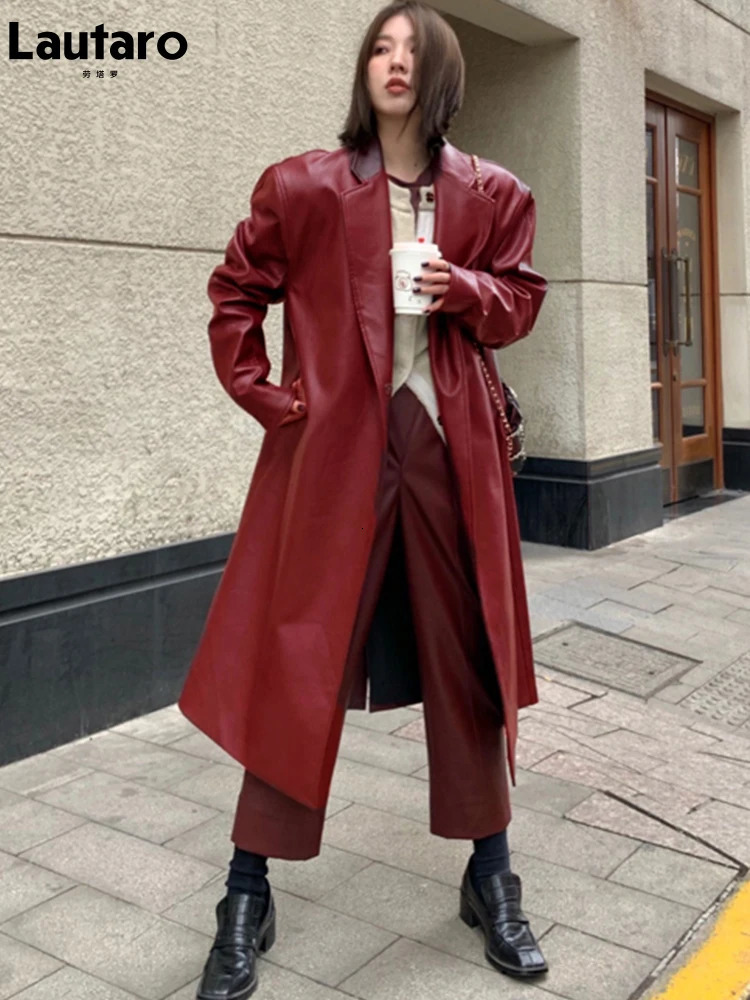 Women's Trench Coats Lautaro Autumn Long Oversized Wine Red Leather Trench Coat for Women Long Sleeve Lapel Loose Casual Stylish Korean Fashion 2