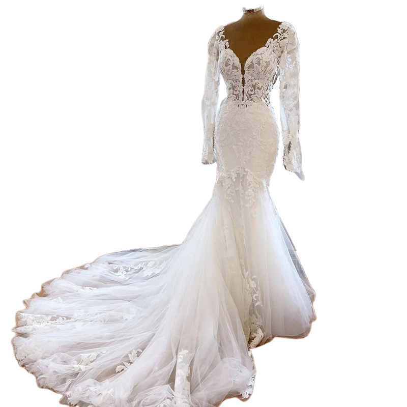 Ivory Wedding Gorgeous Mermaid Dresses Lace Appliques Chapel Train Long Sleeves Beach Bridal Gowns Deep V-neck Backless Sexy Bride Dress 2024 Bohemian