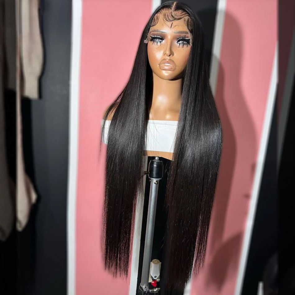 Hd 250 Density Peruvian Straight Glueless Front Human Hair Ready To Wear Black Wig 40 Inch 360 Lace Frontal Wigs free shipping
