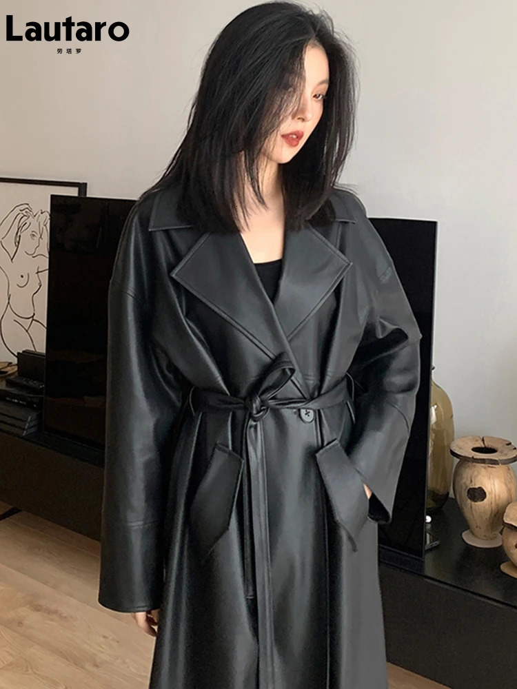 Women's Trench Coats Lautaro Spring Autumn Long Oversized Black Leather Trench Coat for Women Sashes Single Button Loose Stylish Korean Fashion 2
