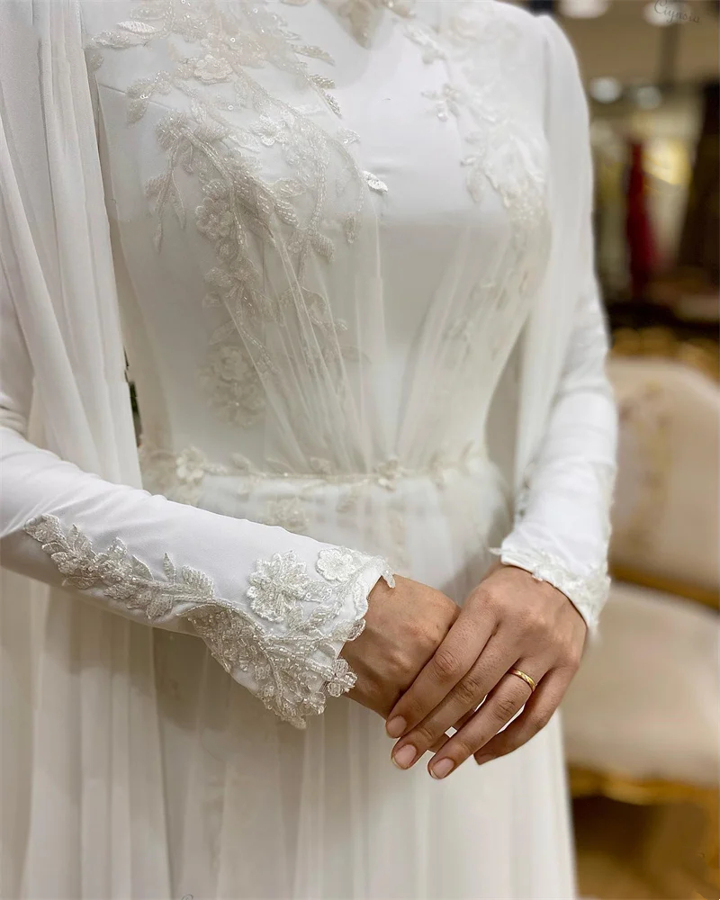 Muslim Elegant A Line Wedding Dresses for Bride High Neck Chiffon Abaya Robe Long Sleeves Hijab Islamic Bridal Gown with Cape baya
