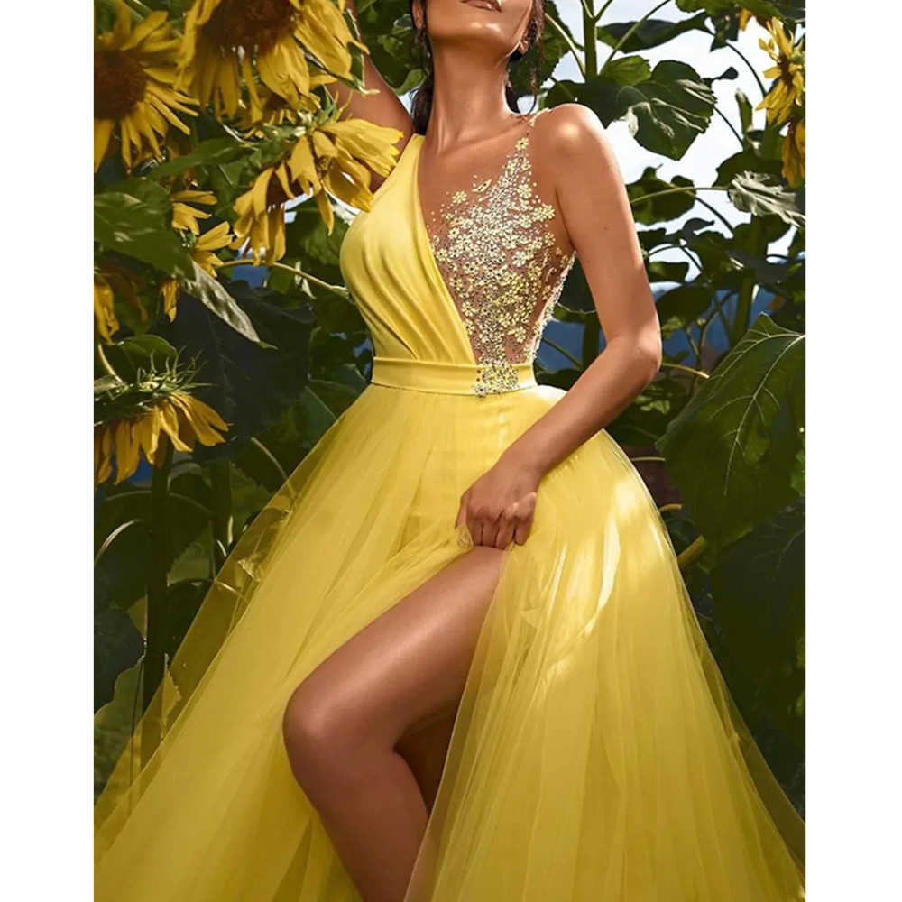 Sexy Daffodil A-e Prom Dress Sleeveless V Neck wers Tulle Evening Formal Engagement Gowns Arabic Dubai Robe De Soiree YD