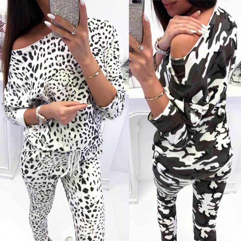 New women's plus-size loose suit leopard print camouflage casual long-sleeved home suit women Q231214