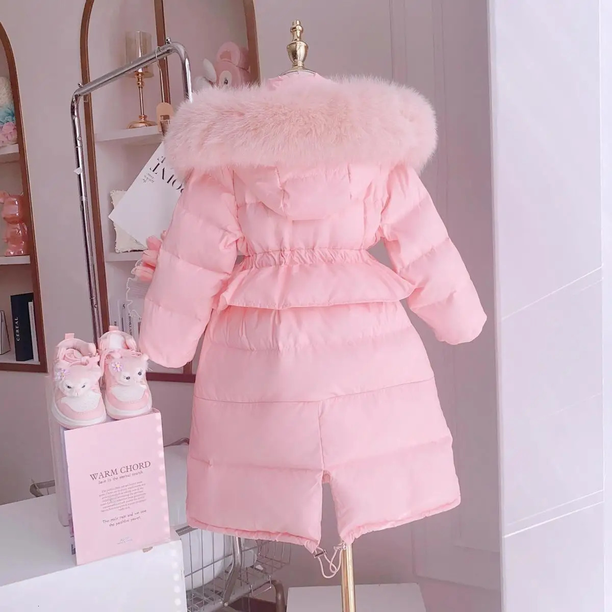 Down Coat Winter Girls Down Clothes Fashion Long Fur Hooded Cotton Padded Jacket Kids Warm Slim Waist Children Outerwear XMP390 231214
