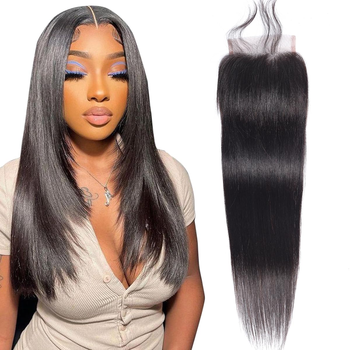 Straight 4X4 Closure Brazilian Virgin Human Transparent Swiss Lace Free Part Pre Plucked With Baby Hair Natural Black
