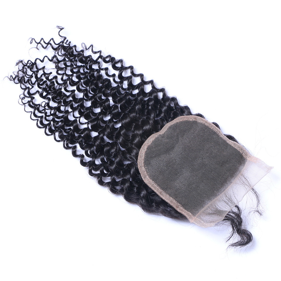 Kinky Curly 4X4 Closure Brazilian Virgin Human Transparent Swiss Lace Free Part Pre Plucked With Baby Hair Natural Black