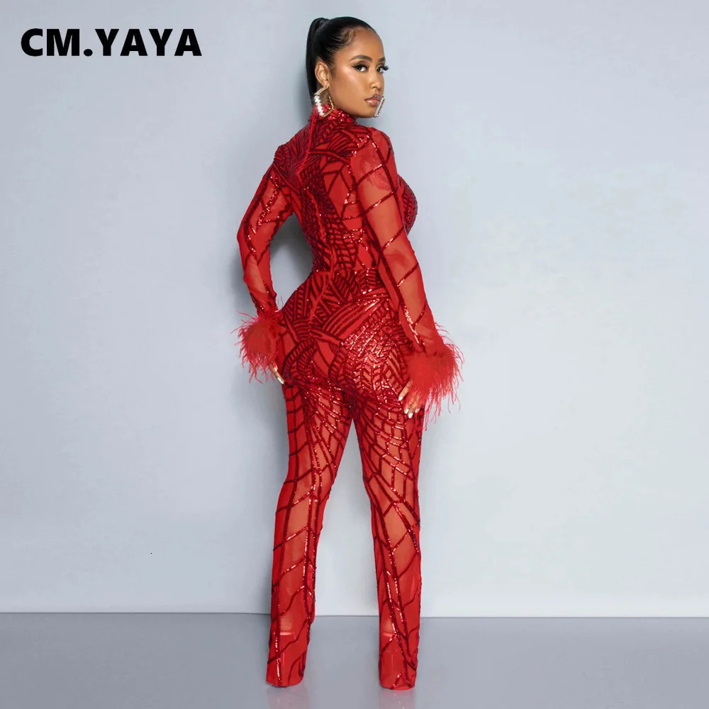 Women's Jumpsuits Rompers Cm.Yaya Women Mesh See Though Sequined Striped Wide Leg Jumpsuit Sexy Party Feather Sleeve Suit Romper Playsuit 231213