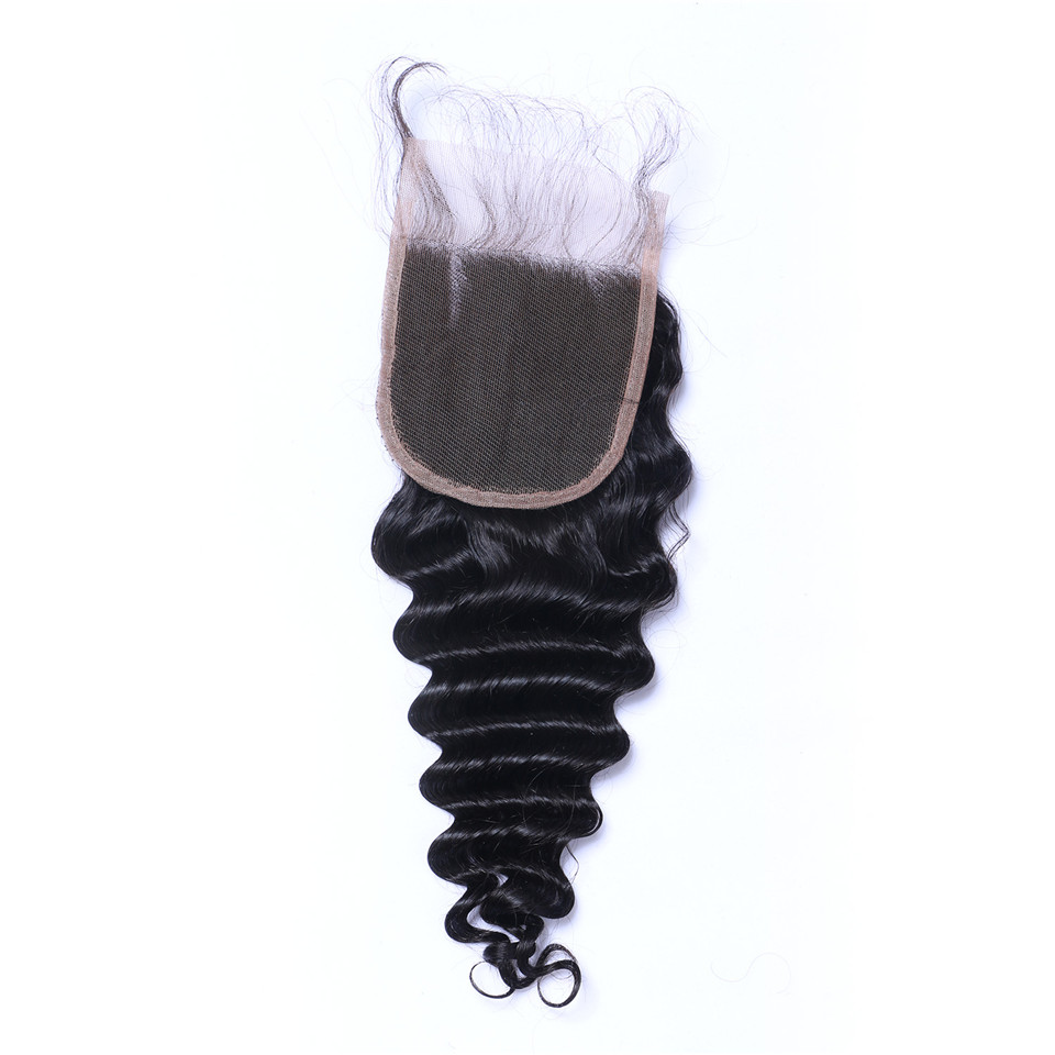 Deep Wave 4x4 Lace Closure Brazilian Virgin Human Hair Transparent Swiss Lace Free Part Pre Plucked with Baby Hair Natural Black