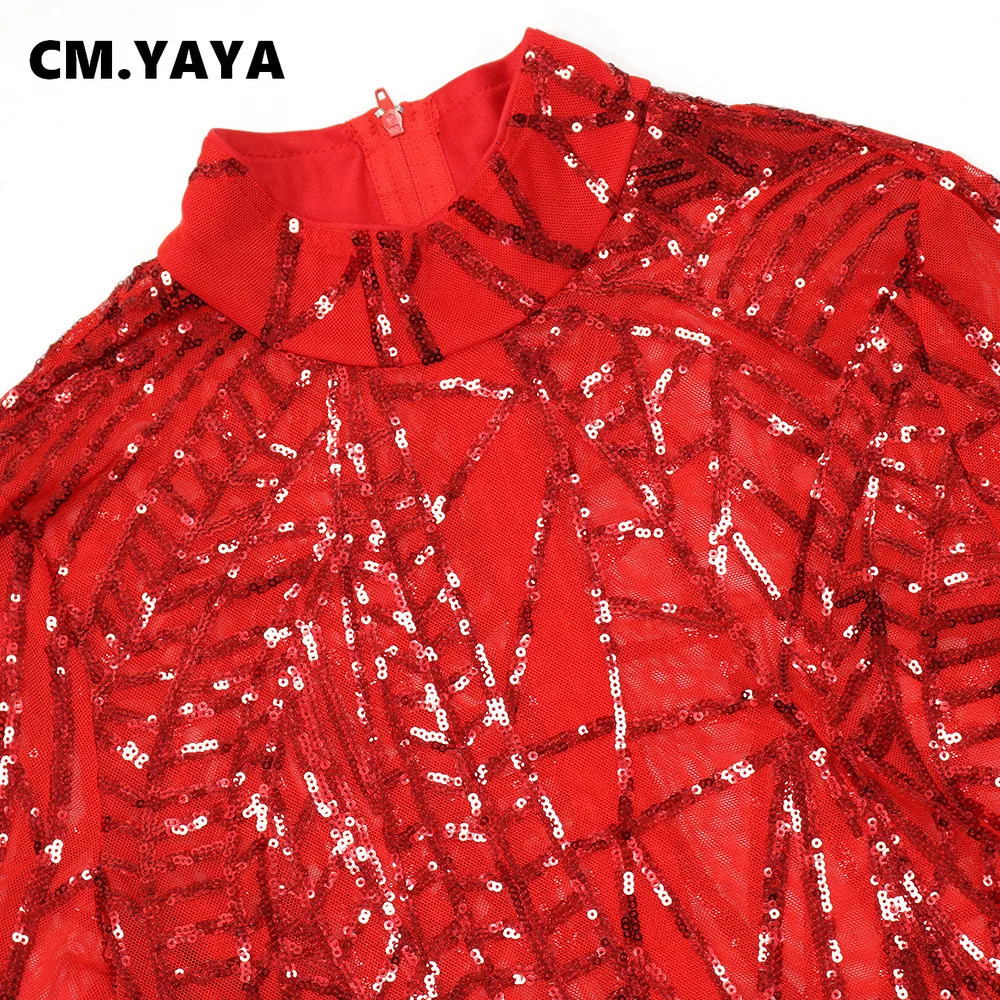 Women's Jumpsuits Rompers Cm.Yaya Women Mesh See Though Sequined Striped Wide Leg Jumpsuit Sexy Party Feather Sleeve Suit Romper Playsuit 231213