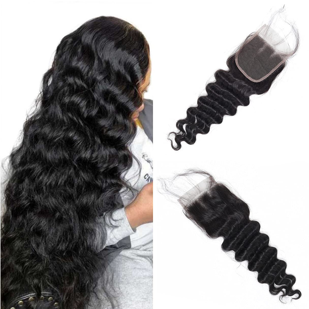 Loose Deep Wave 4X4 Closure Brazilian Virgin Human Transparent Swiss Lace Free Part Pre Plucked With Baby Hair Natural Black