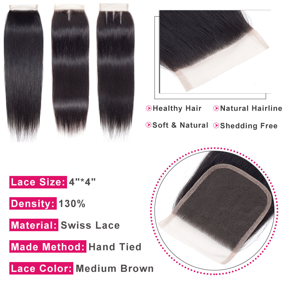 Straight 4X4 Closure Brazilian Virgin Human Transparent Swiss Lace Free Part Pre Plucked With Baby Hair Natural Black