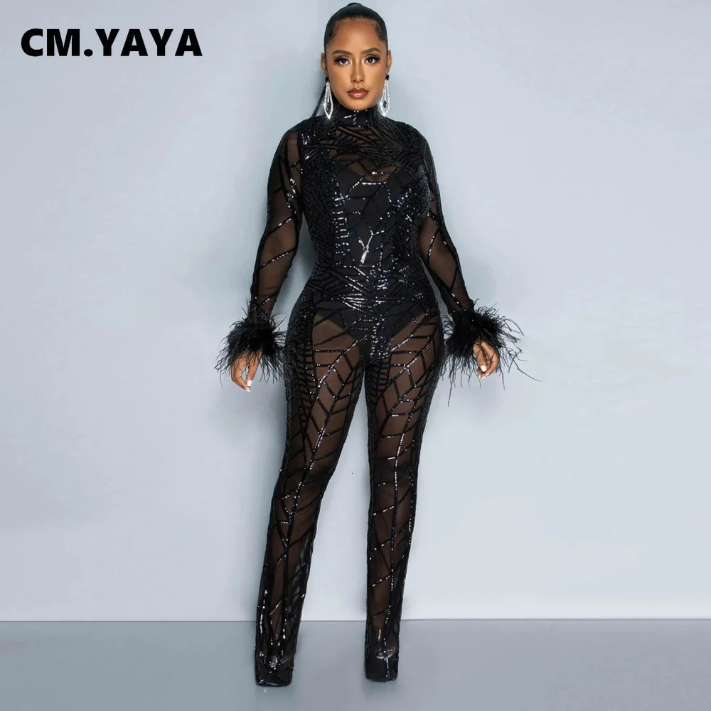 Women's Jumpsuits Rompers Cm.Yaya Women Mesh See Though Sequined Striped Wide Leg Jumpsuit Sexy Party Feather Sleeve Suit Romper Playsuit 231213