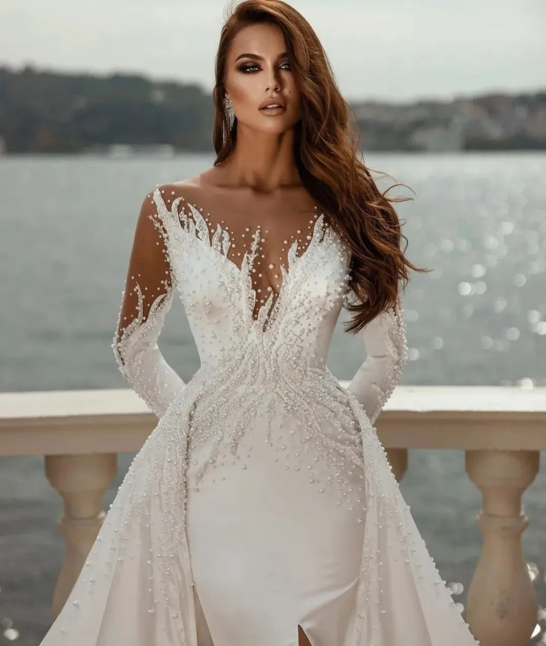 Arabic Dubai Pearls Wedding Dresses Mermaid Sheer Beading Bridal Gowns Custom Made Split Detachable Train Vestidos De Noiva YD 328