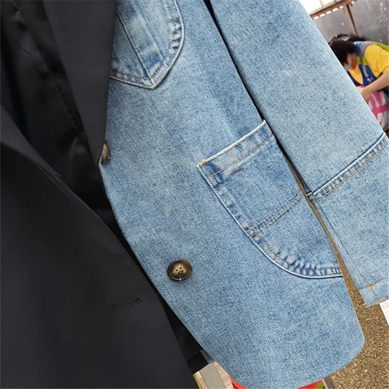 Women's Suits Blazers Denim Spliced Women Blazer Jacket High Quality Single Button Black Suit Jacket Loose Fashion Asymmetry Lady Blazer Coat 231
