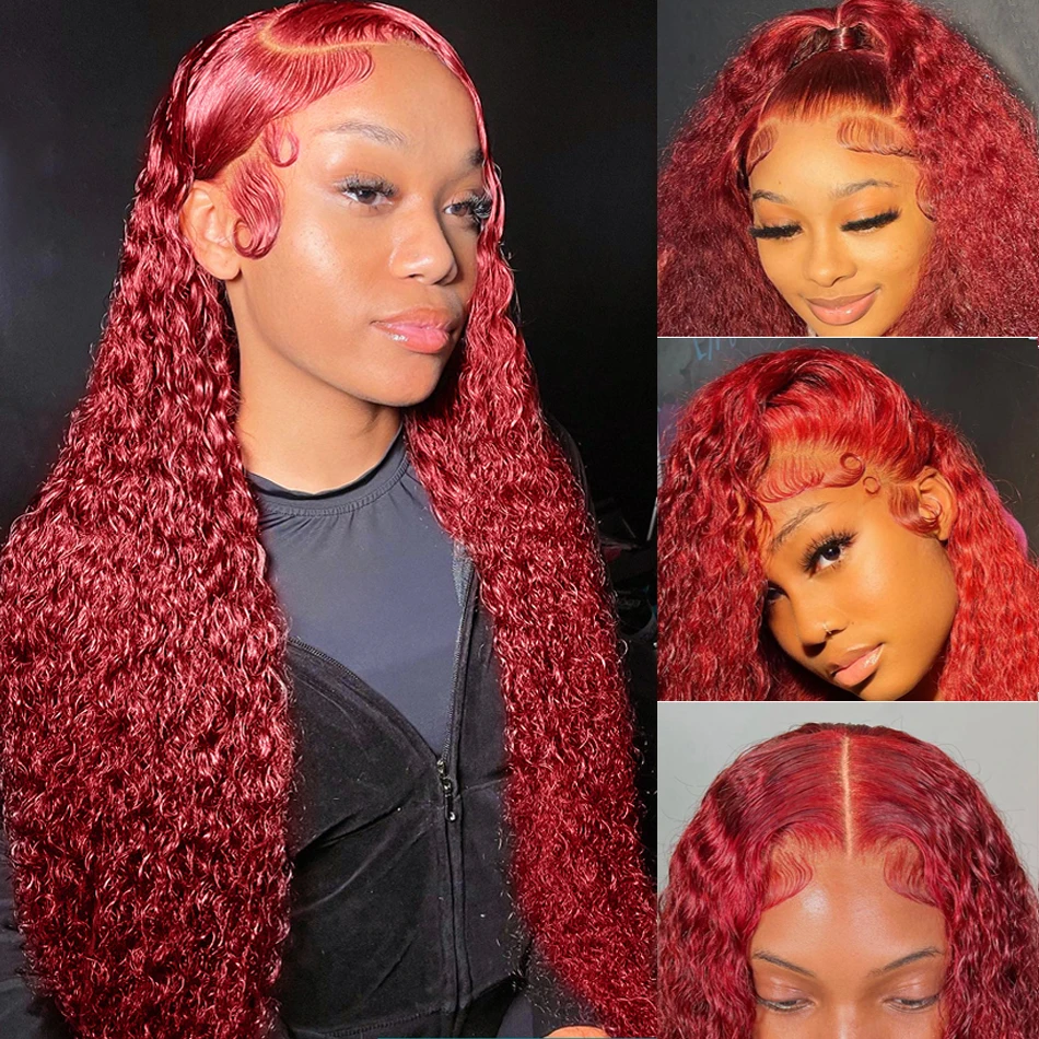Free shipping 99j Burgandy Deep Wave 13x4 Front Human Hair Wigs Brazilian Remy 180% Red Colored Curly Lace Frontal Glueless Synthetic Wig For Women