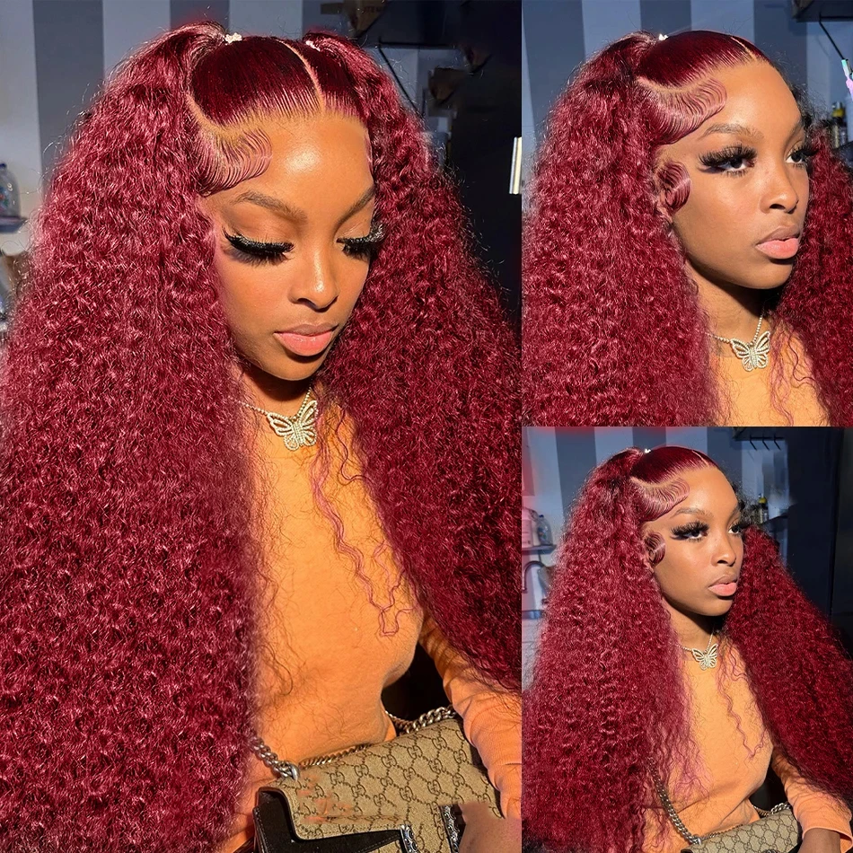 Free shipping 99j Burgandy Deep Wave 13x4 Front Human Hair Wigs Brazilian Remy 180% Red Colored Curly Lace Frontal Glueless Synthetic Wig For Women