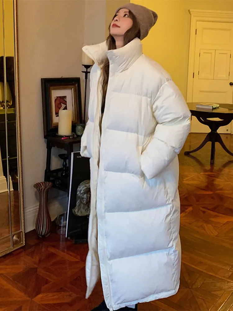 Women's Down Parkas Korean Thick Solid Long Jacket Woman Turn-down Collar Coat Loose Long Sleeve Winter Female Zipper Warm Casual Warm Clothes 23