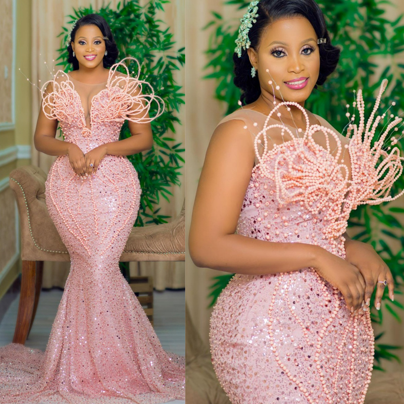 Plus Size Aso Ebi Prom Dresses Light Pink Mermaid Sheer Neck Pearls African Arabic Evening Gowns Elegant Sequined Lace Birthday Party Dress Vestido De