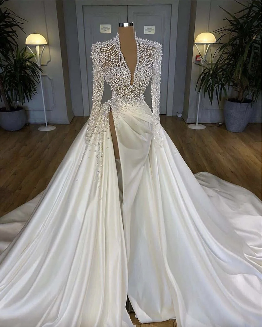 Illusion Pearls Crystal country wedding dresses african long sleeve Side Split Arabic Satin church garden bridal reception gowns Robe de mariee 0509