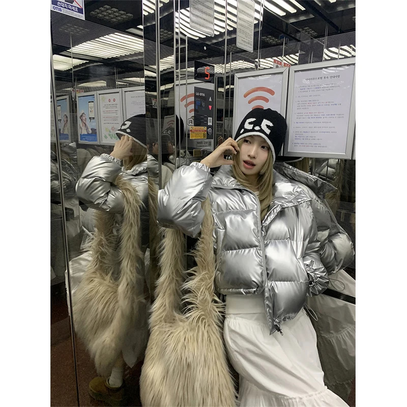 Women's Down Parkas MEXZT Short Parkas Women Streetwear Stand Collar Down Coats Korean Cropped Puffer Jacket Winter Thick Warm Cotton Padded Outw