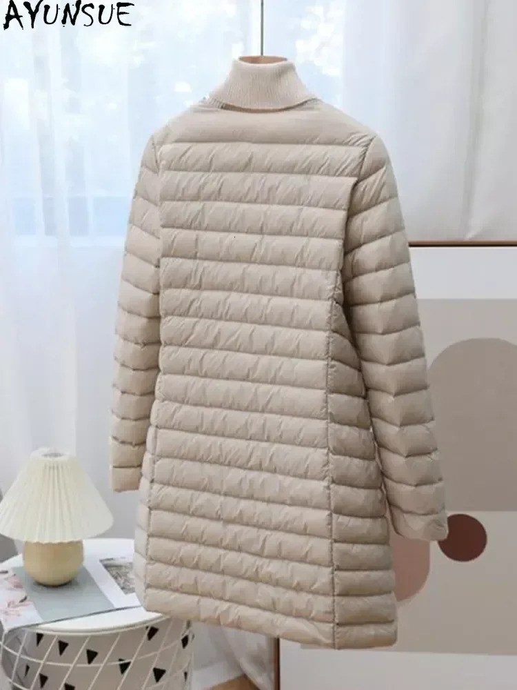 Women's Down Parkas AYUNSUE Winter Ultra Light Thin Duck Down Coat Women Spring Long Slim Warm Basic Quilted Puffer Jacket ED1957L 231213