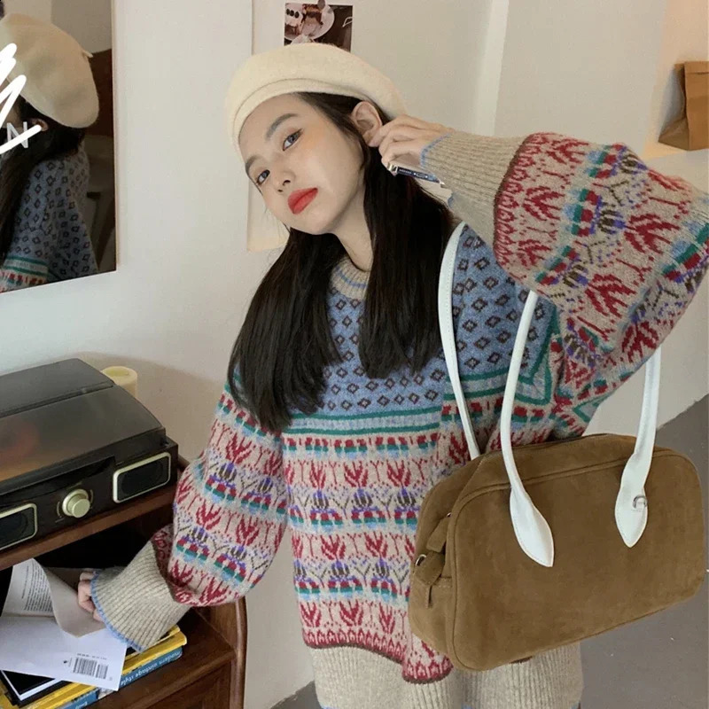 Women's Sweaters Vintage Colorful Christmas Knitted Women Sweater Fashion Korean Style O-neck Knitwear for Women Retro Winter Warm Sweater Jumper
