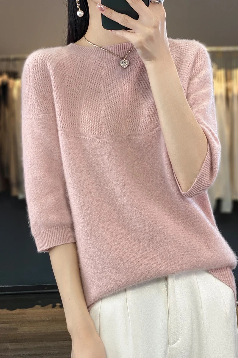 Women's Sweaters Spring Summer Woman's Sweater T-Shirt Hollow Tees Jumper Female Pullover Mid-Sleeve O-Neck Tops 100% Wool Knitted Clothes B