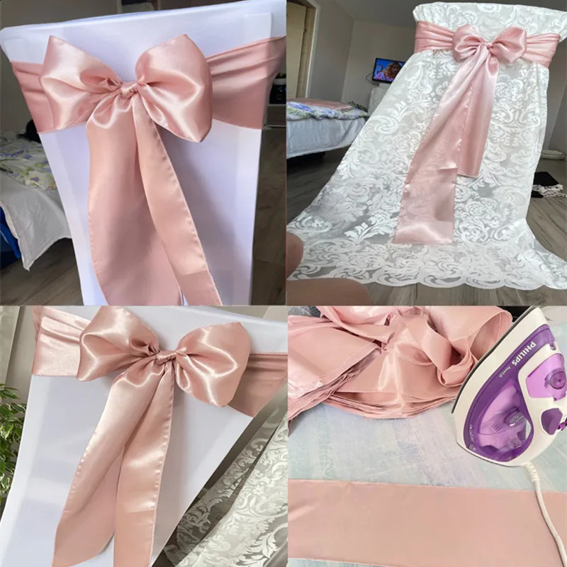 Sashes 25pcs Rose Gold Satin Chair Bow Sashes Wedding Chair Ribbon Butterfly Ties For Party Event el Banquet Decoration 231214
