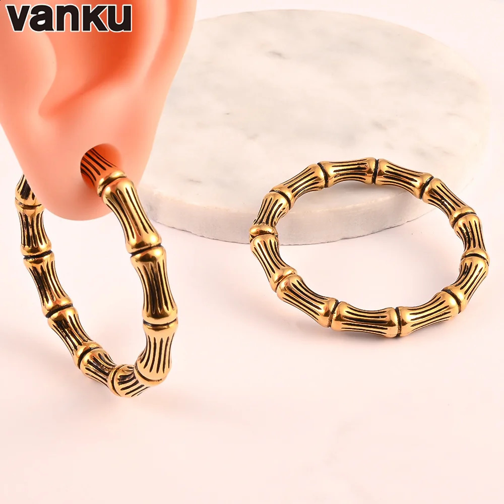 Hoop Huggie Vanku 2PCS Bamboo Ear Hanger Weight Stainless Steel Ear Gauges Plugs Earrings Punk For Women Body Jewelry Piercing Accessories 231214