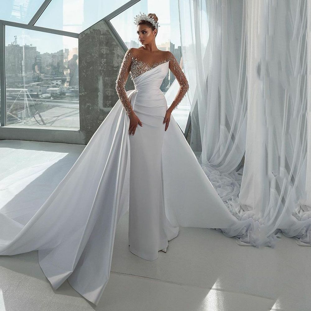 Line A Dresses Jewel Neck Satin Crystal Beads Illusion Long Sleeves Overskirts Bridal Gowns Wedding Dress Detachable Train