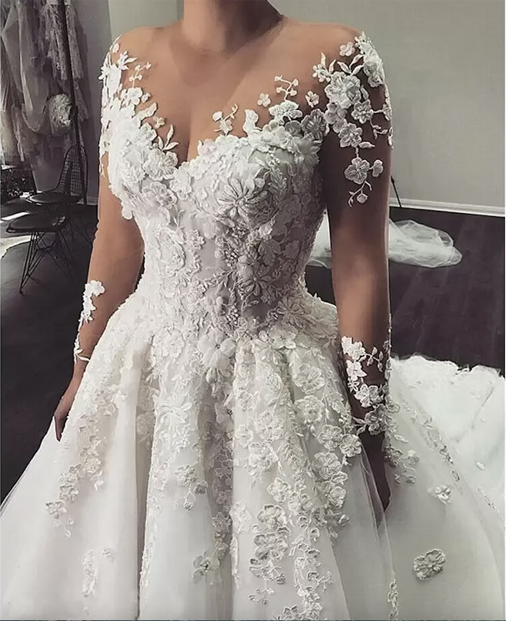 Long Sleeves Wedding Dresses Bridal Gown A Line Beaded Crystals Jewel Sheer Neck 3D Floral Applique Lace Tulle Sweep Train Beach Country vestidos de n