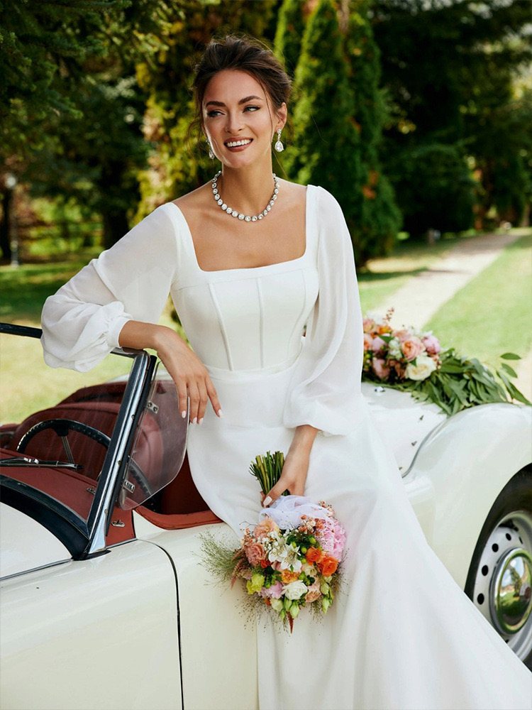 new Amazing white a Wedding Dresses Deep square Necke princess garden Bridal Gowns Long Sleeves A e Tulle plus size long sweep train Vestido De Novia