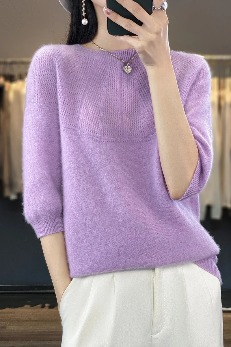 Women's Sweaters Spring Summer Woman's Sweater T-Shirt Hollow Tees Jumper Female Pullover Mid-Sleeve O-Neck Tops 100% Wool Knitted Clothes B