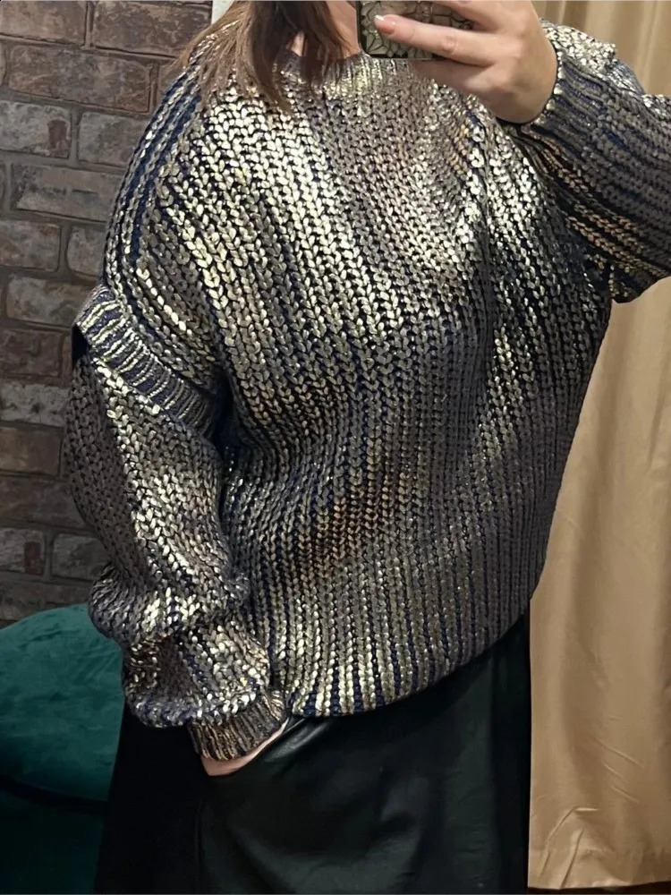 Women's Sweaters Solid Mental Color Lantern Sleeve Knit Sweaters Women Pullover Chic Thick Warm Oversized Loose Pullover Ladies Casual Knitwear 2